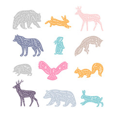 Forest animals with floral elements. Wild woodland animals. Hand drawn silhouettes. Flourish ornament