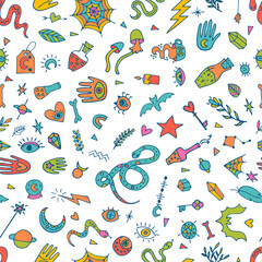 Fototapeta premium Mystical esoteric background. Halloween. Magical hand drawn seamless pattern. Doodle boho style. Witchcraft print