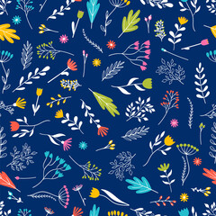 Seamless pattern with hand drawn flowers. Floral background. Trendy texture for print, wrapping, fabric, textile, wallpaper