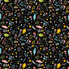 Naklejka premium Seamless pattern with hand drawn flowers. Floral background. Trendy texture for wrapping, fabric, print, textile, wallpaper