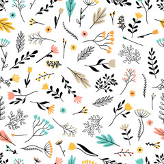 Seamless pattern with hand drawn flowers. Trendy texture for fabric, wrapping, print, textile, wallpaper. Floral background