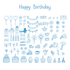 Set of hand drawn birthday party design elements. Balloons, cupcakes, cakes, gifts, candles, bows and festive attributes. Happy Birthday