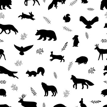 Seamless pattern with wild forest animals. Woodland life. Background for clothing, fabric, textile, wrapping paper