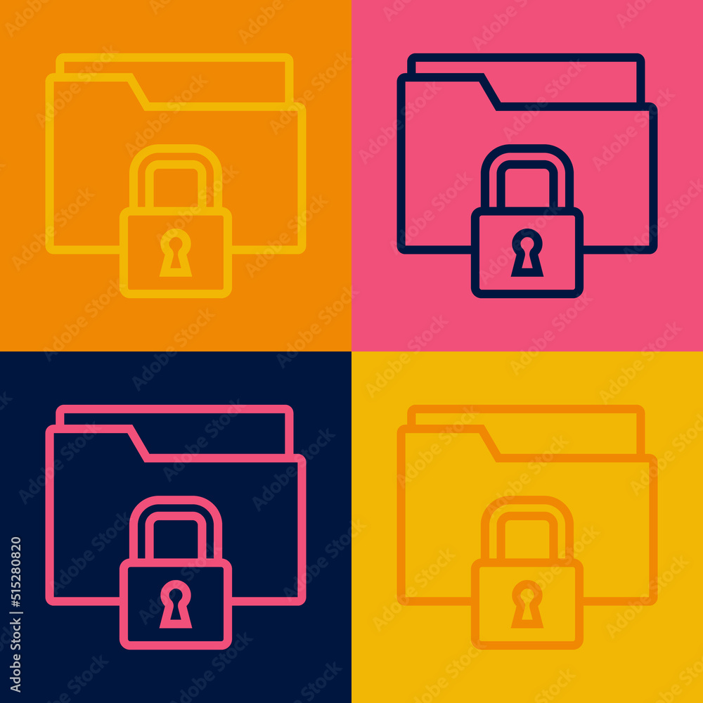 Poster pop art line folder and lock icon isolated on color background. closed folder and padlock. security,