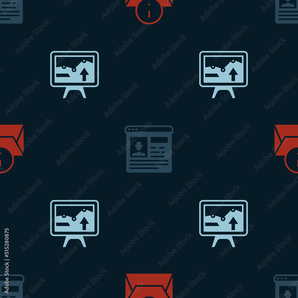 Poster set envelope, resume and monitor with graph chart on seamless pattern. vector
