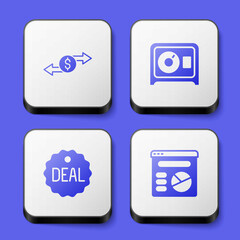 Set Money exchange, Safe, Deal and Pie chart infographic icon. White square button. Vector