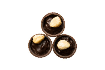 Top view Chocolate candy isolated on white background with clipping path and full depth of field. Flat lay. Set or collection