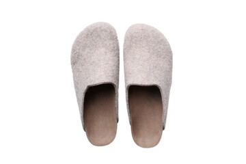 Pair of soft home felt or wool slippers isolated on white background top view - obrazy, fototapety, plakaty