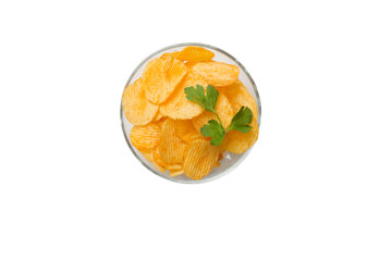 delicious Potato chips in bowl isolated on white background, Flat lay Top view