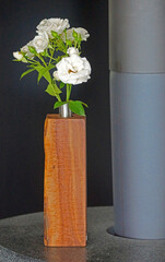 Ein Rosenzweig mit vielen weißlichen Blüten steckt in einer Metallröhre. Diese Röhre steckt in...