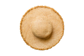 Womens summer yellow straw hat top view, isolated on white background