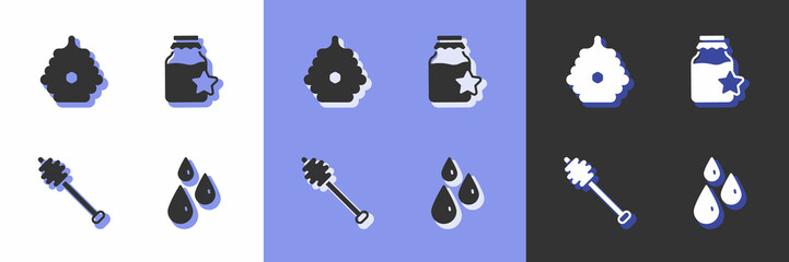 Set Drops of honey, Hive for bees, Honey dipper stick and Jar icon. Vector