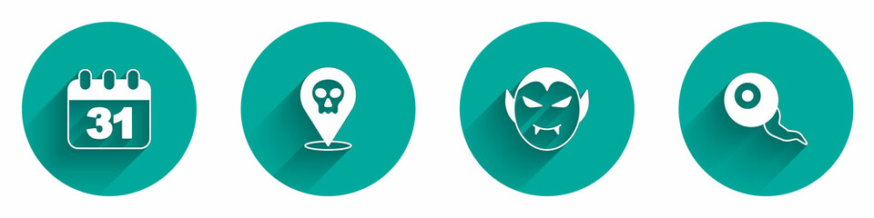 Set Halloween date 31 october, Skull, Vampire and Eye icon with long shadow. Vector