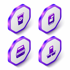 Set Isometric Coffee cup to go, Soda can, Lunch box and icon. Purple hexagon button. Vector