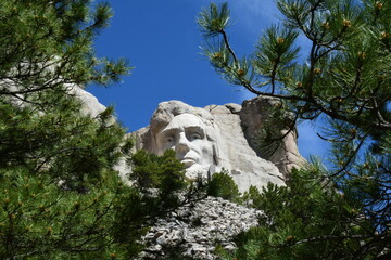 View of Abraham Lincoln on Mount Rushmore through tree limbs 