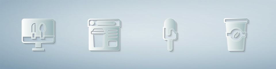 Set Online ordering food, Ice cream and Coffee cup to go. Paper art style. Vector