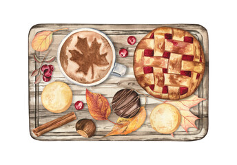 The pie, cup of coffee, cookies, autumn leaves on a wooden tray. Autumn flat lay; watercolor illustration on white isolated background. Perfect for greeting cards, kitchen decorations, art prints.
