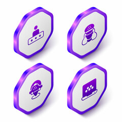 Set Isometric Taxi service rating, driver, Location taxi car and mobile app icon. Purple hexagon button. Vector