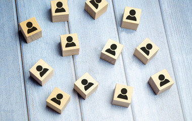 Wooden blocks on blue background. Teamwork, network and community concept.