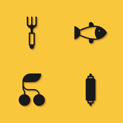 Set Fork, Rolling pin, Fresh berries and Fish icon with long shadow. Vector