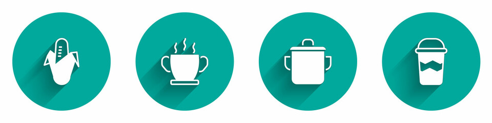 Set Corn, Bowl of hot soup, Cooking pot and Coffee cup to go icon with long shadow. Vector