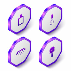 Set Isometric Cutting board, Spatula, Kitchen colander and Frying pan icon. Purple hexagon button. Vector