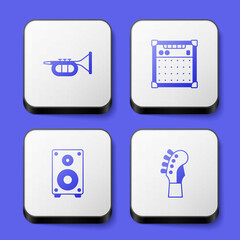 Set Trumpet, Guitar amplifier, Stereo speaker and neck icon. White square button. Vector
