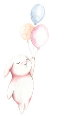 Cute watercolor bunny illustration, sleeping bunny, rabbit drawing for baby shower invitation, greeting cards, it's a boy, it's a girl card ,poster, printable frame art