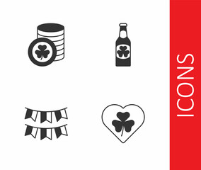 Obraz premium Set Heart with clover trefoil leaf, Golden leprechaun coin, Carnival garland flags and Beer bottle icon. Vector