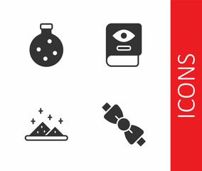 Set Bow tie, Bottle with potion, Magic powder and Ancient magic book icon. Vector