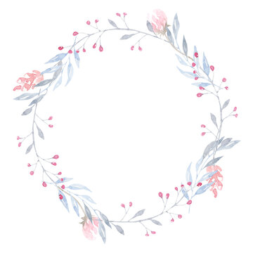 Cute watercolor boho floral wreath. Forest rustic frame flowers, bohemian feather. Isolated drawing for wedding, baby shower invitation, greeting cards, it's a boy, it's a girl card ,poster, printable