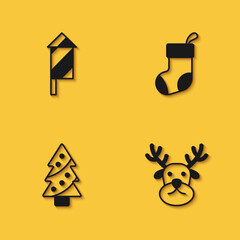 Set Firework rocket, Reindeer, Christmas tree and stocking icon with long shadow. Vector
