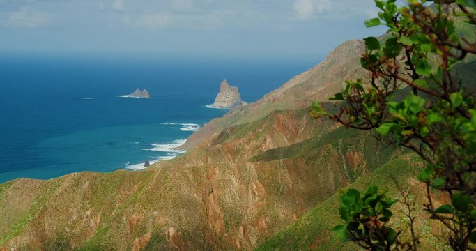 Mountains ridge around Atlantic ocean. Rugged sharp rock range, sea coast. Anaga roques rural national park. Tenerife, Canary islands. Spain.