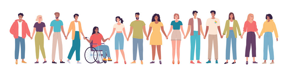 Obraz premium Different people stand together and hold hands to support each other