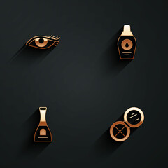 Set Woman eye, Bottle of shampoo, nail polish and Makeup powder with mirror icon with long shadow. Vector