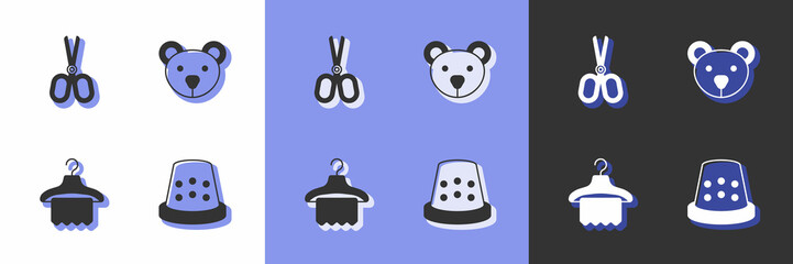 Set Thimble for sewing, Scissors, Hanger wardrobe and Teddy bear plush toy icon. Vector