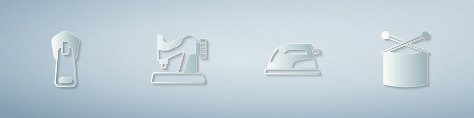 Set Zipper, Sewing machine, Electric iron and Knitting needles. Paper art style. Vector