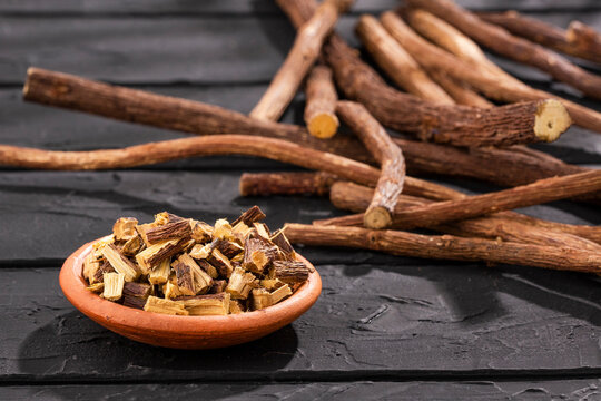 Close up of Ayurvedic herb Liquorice root,Licorice root, Mulethi or Glycyrrhiza glabra root on a wooden surface is very much beneficial for Soothes your stomach,poisoning, stomach ulcers.