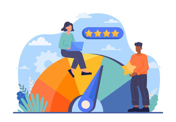 Customer satisfaction concept. Man and woman with laptop evaluate opinions of users and clients. Analytical department conducts marketing research on Internet. Cartoon flat vector illustration