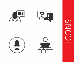 Set Speaker, Video chat conference, Mute microphone and Question and Answer icon. Vector