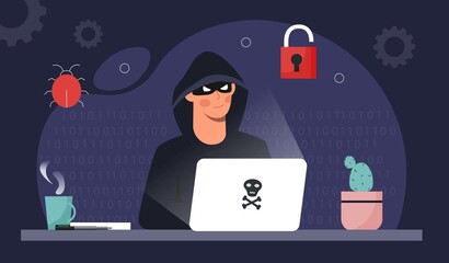 Hacker activity concept. Man in black mask and hoody sits at laptop. Scammer steals personal data, writes code and creates virus. Danger on Internet, website hacking. Cartoon flat vector illustration © Rudzhan