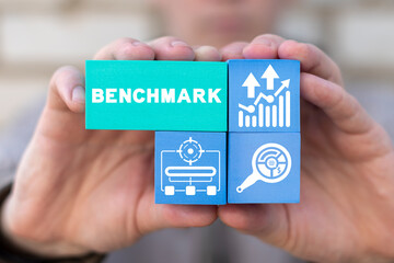 Concept of benchmark indicators improvement and achievement. Idea of business development and improvement. Compare quality with competitor companies. Benchmarking concept. - obrazy, fototapety, plakaty