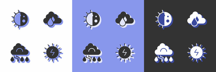 Set Solar energy panel, Day night cycle, Cloud and lightning and with rain icon. Vector