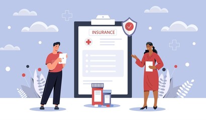 Medical insurance concept. Man and girl conclude agreement, taking care of health and life. Patient and doctor next to medicines. Life insurance, online contracts. Cartoon flat vector illustration