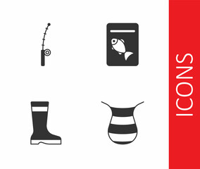 Set Fishing net, rod, boots and Served fish on plate icon. Vector
