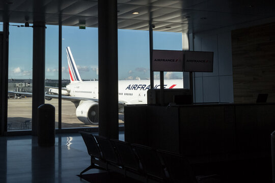 PARIS, FRANCE - NOVEMBER 2, 2018: Boeing 777-228ER Belonging to Air France ready for boarding on a gate of 2E terminal in Roissy Charles de Gaulle CDG Airport. Airfrance is French flag carrier