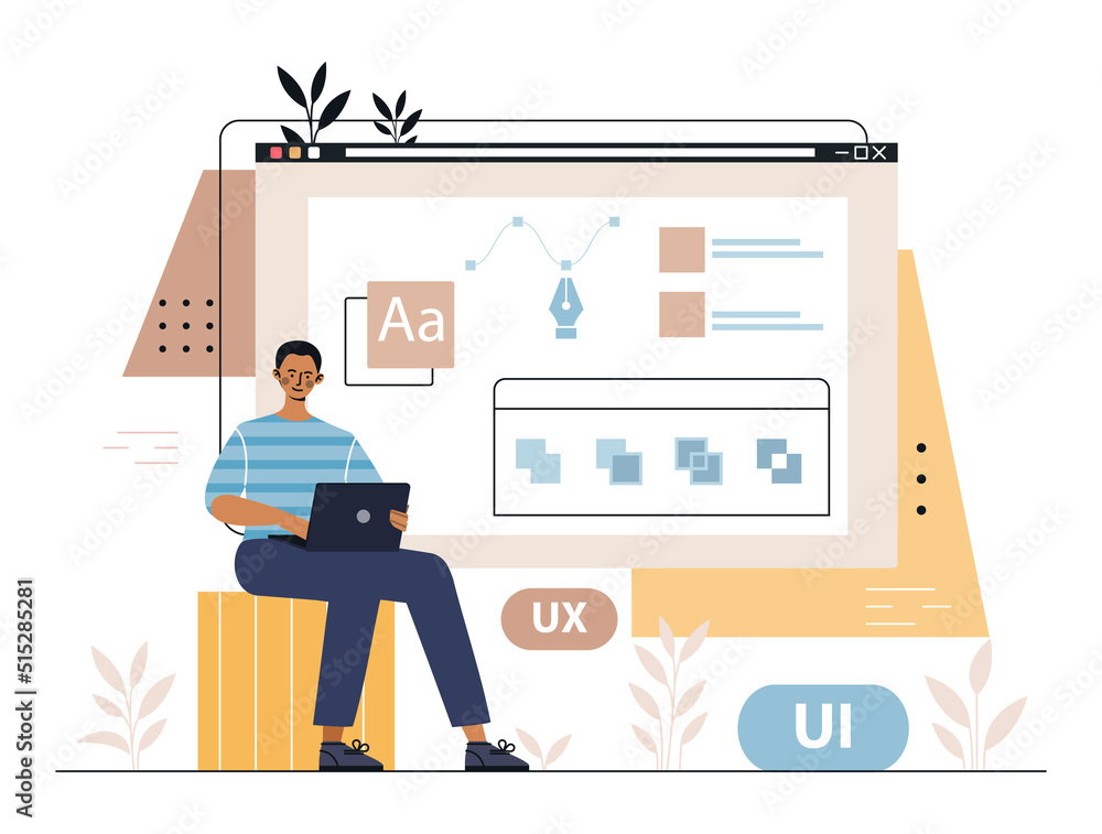 Poster ui ux design. graphic designer with laptop in hands develops elements for website, interface for pag
