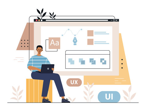 Ui ux design. Graphic designer with laptop in hands develops elements for website, interface for page. Freelancer with laptop performs order, earnings on Internet. Cartoon flat vector illustration