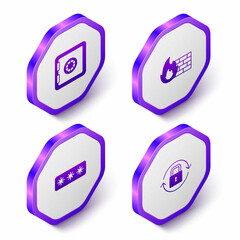 Set Isometric Safe, Firewall, security wall, Password protection and Lock icon. Purple hexagon button. Vector