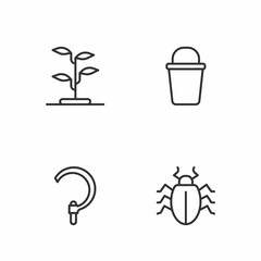 Set line Colorado beetle, Sickle, Sprout and Bucket icon. Vector